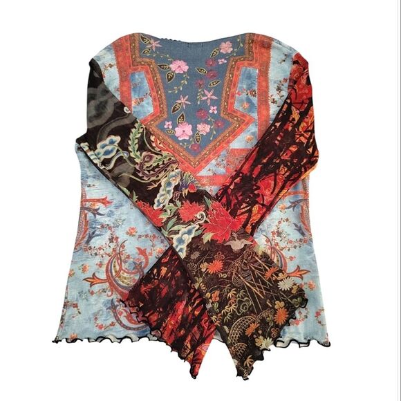Y2K Colorful Floral Paisley Rhinstone Fairycore Grunge Mesh Sleeve Top Medium - Picture 11 of 14